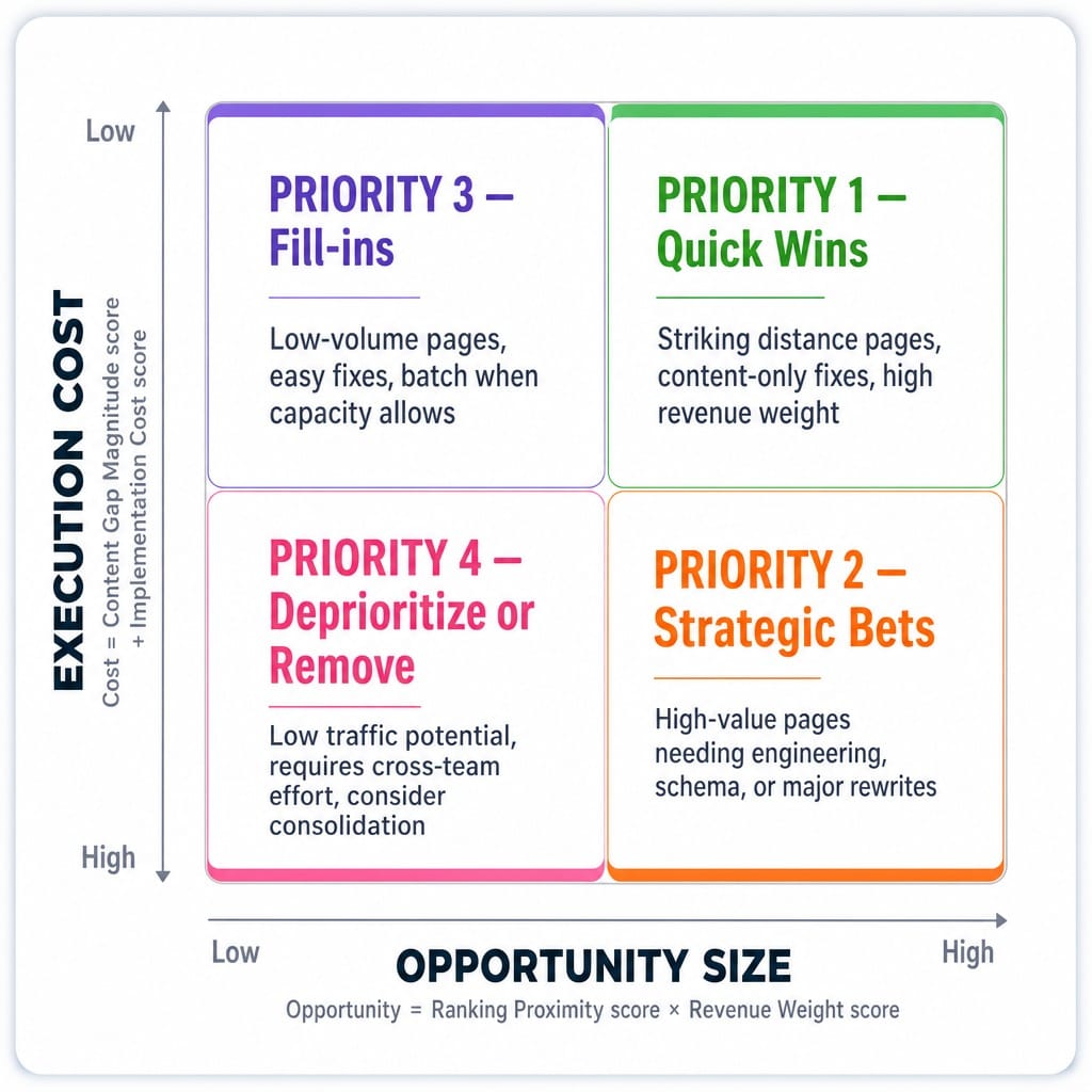 2x2 priority matrix for prioritizing pages for SEO optimization using opportunity size versus execution cost