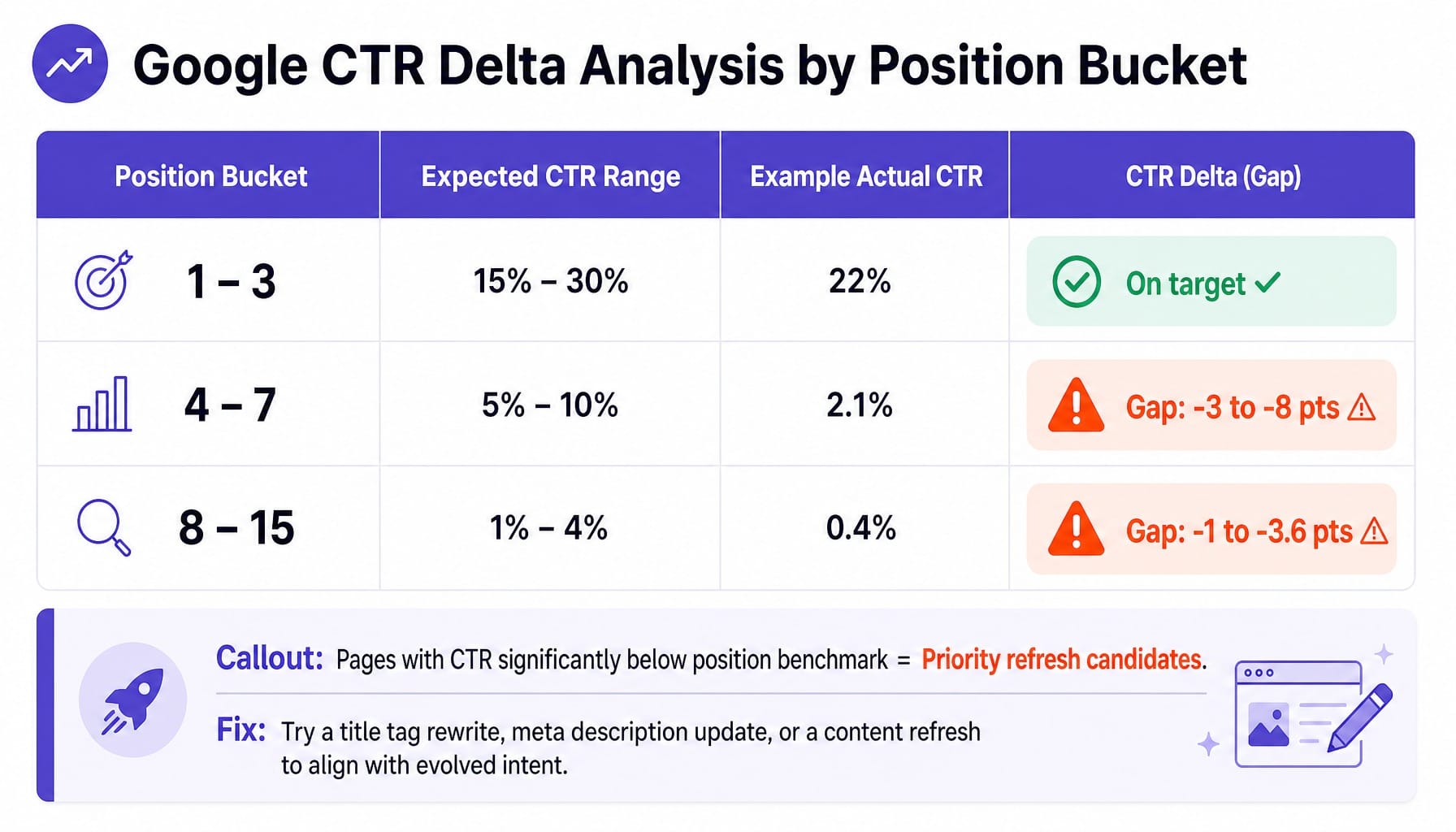 CTR delta analysis table comparing expected vs actual click-through rates by SERP position bucket