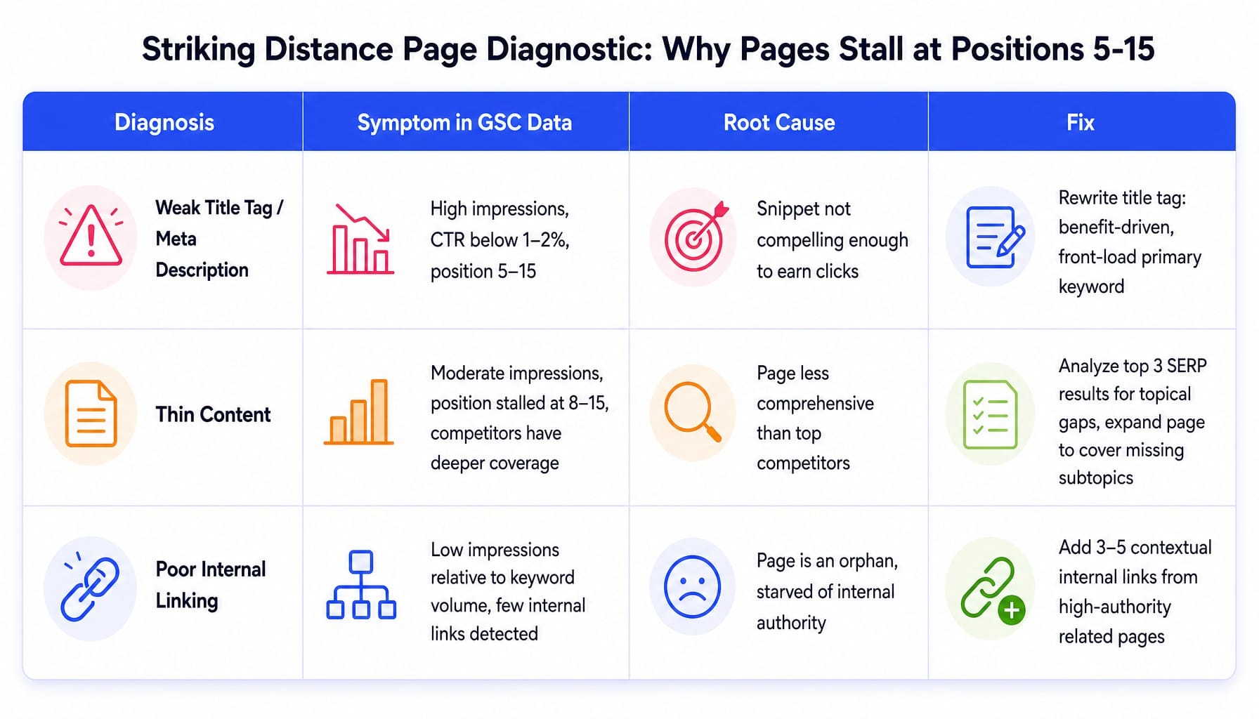Diagnostic table showing three reasons pages stall in striking distance and fixes for each