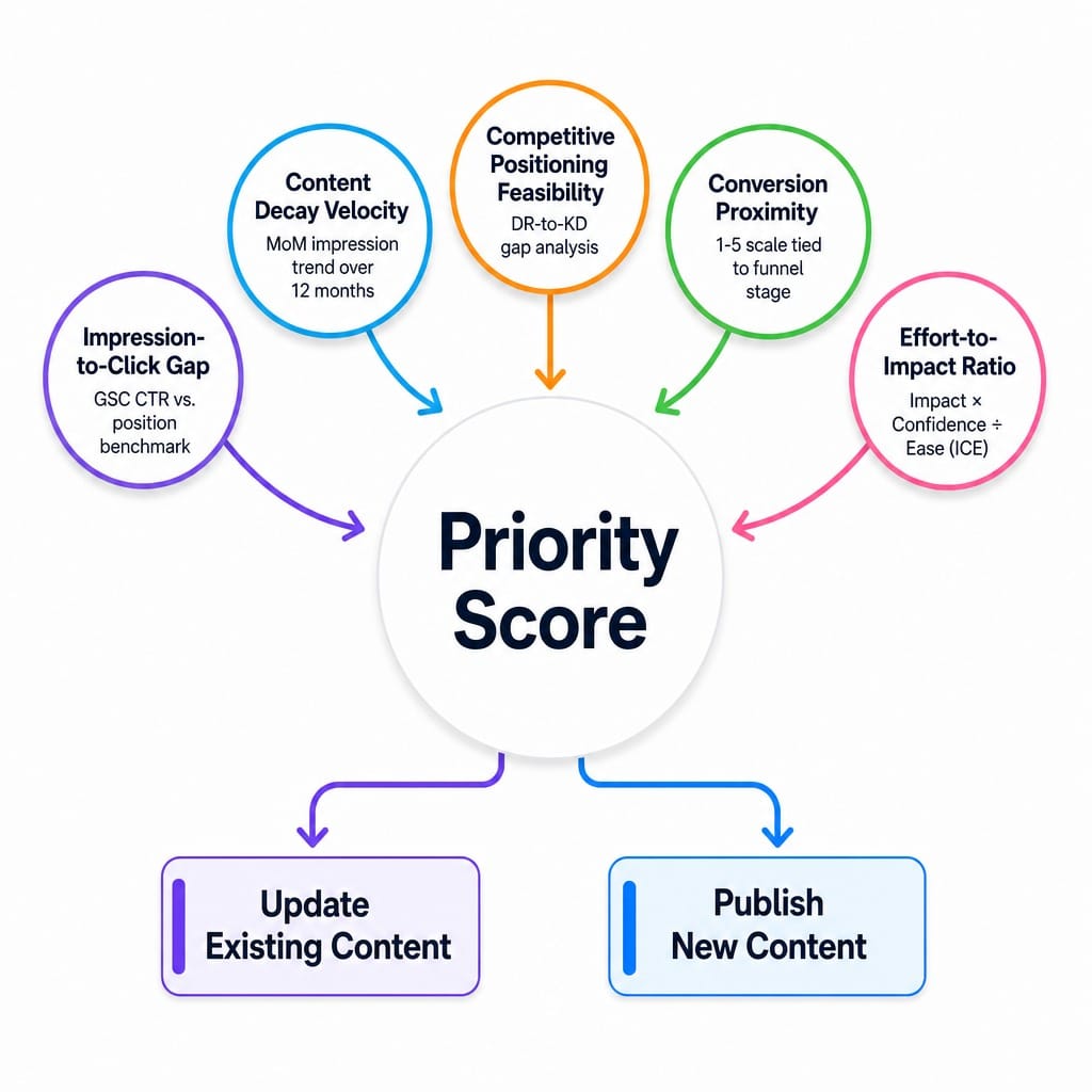 Five-dimension scoring model for SEO content prioritization showing inputs feeding into a priority score
