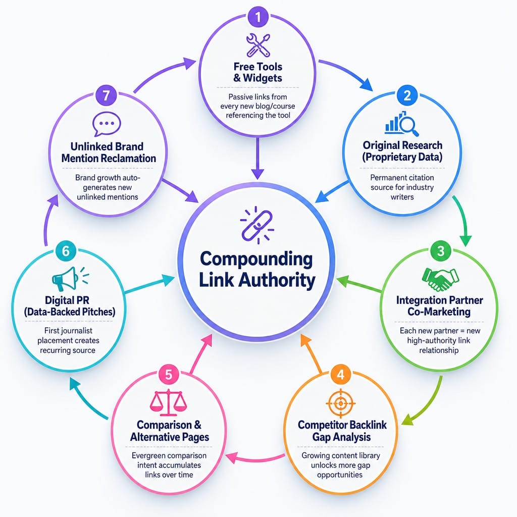 Flywheel diagram showing 7 SaaS link building strategies and their compounding mechanisms