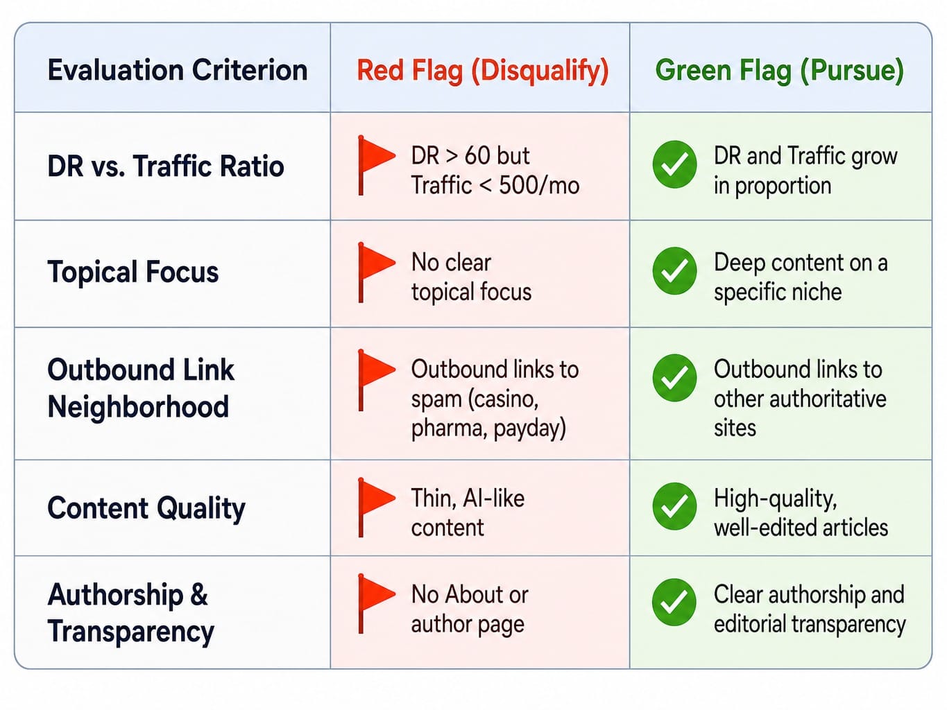 Link quality evaluation table comparing red flags and green flags for SaaS link building prospects