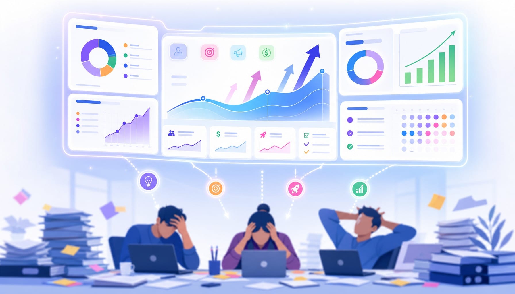 Marketing team overwhelmed beneath a glowing attribution dashboard showing clear data insights
