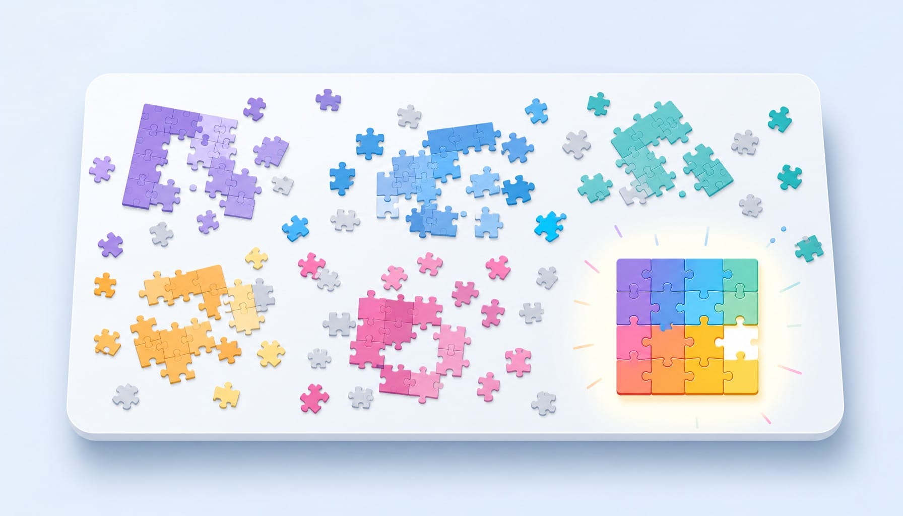 Scattered incomplete puzzles on a table with one nearly complete — visualizing how to prioritize search marketing channels