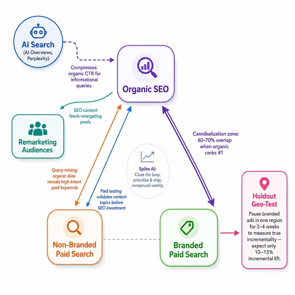 System diagram showing how organic, paid, and branded search channels interact and cannibalize each other