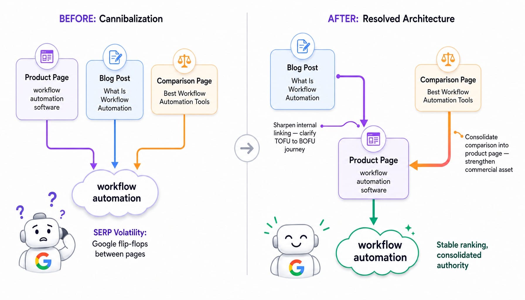 System diagram showing keyword cannibalization problem and resolution for a SaaS SEO audit