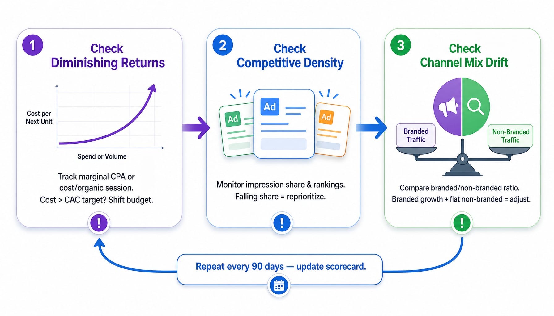 Three-signal quarterly process for reprioritizing search marketing channels for growth