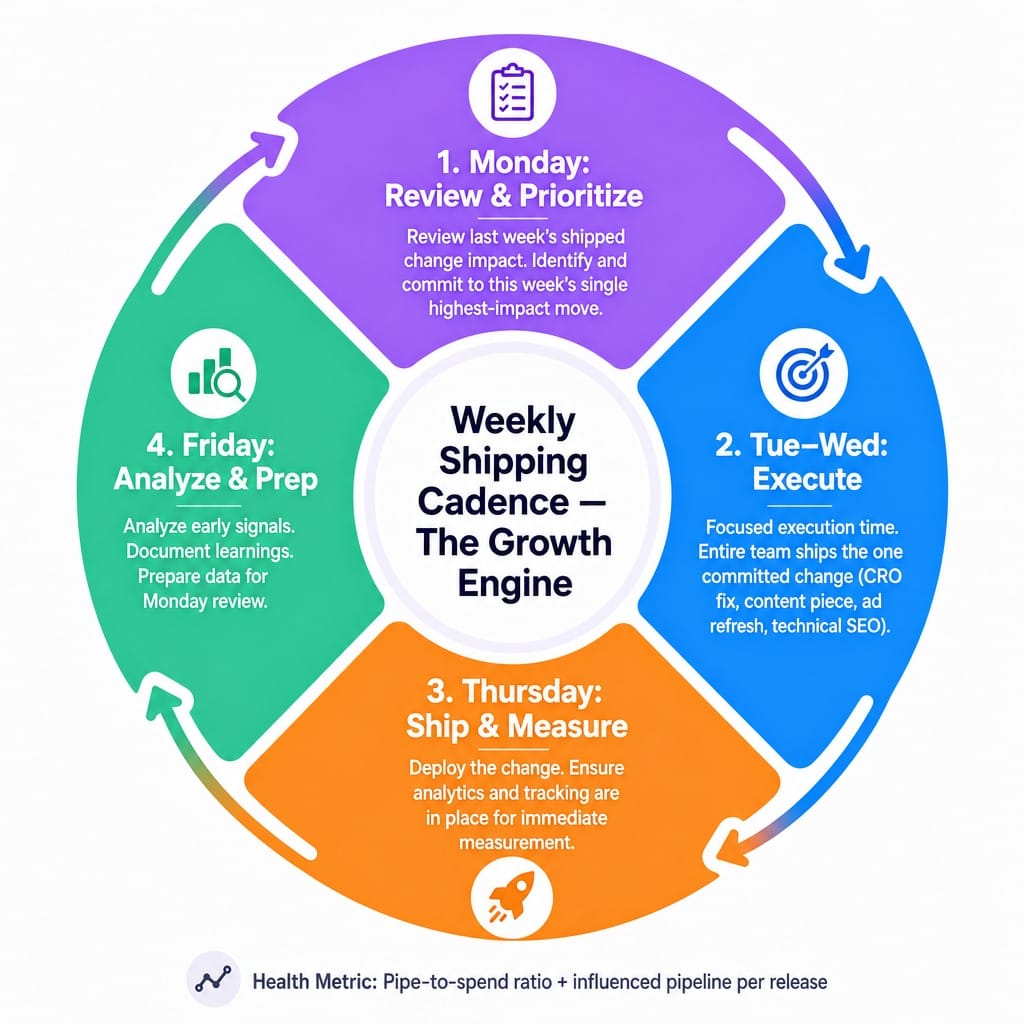Weekly shipping cadence cycle diagram for a SaaS marketing playbook sprint system