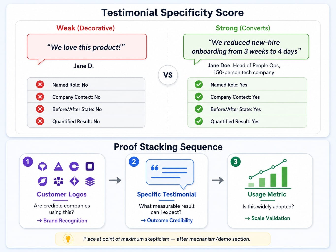 Comparison of weak vs strong testimonials and proof stacking sequence for SaaS landing pages