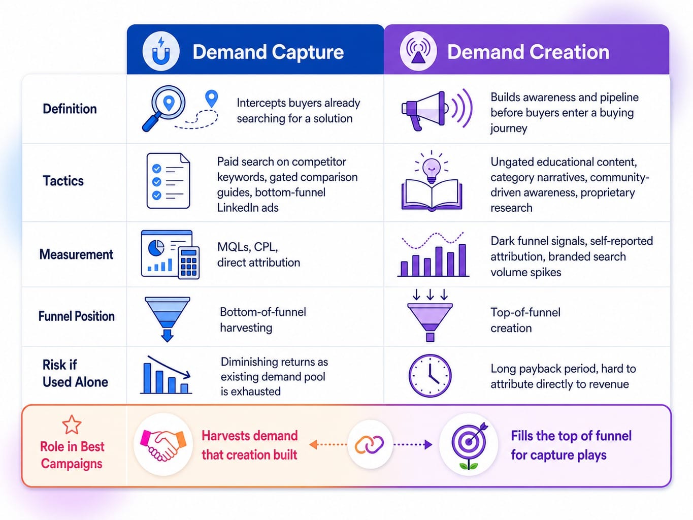 Comparison table of demand capture versus demand creation motions in B2B SaaS campaigns