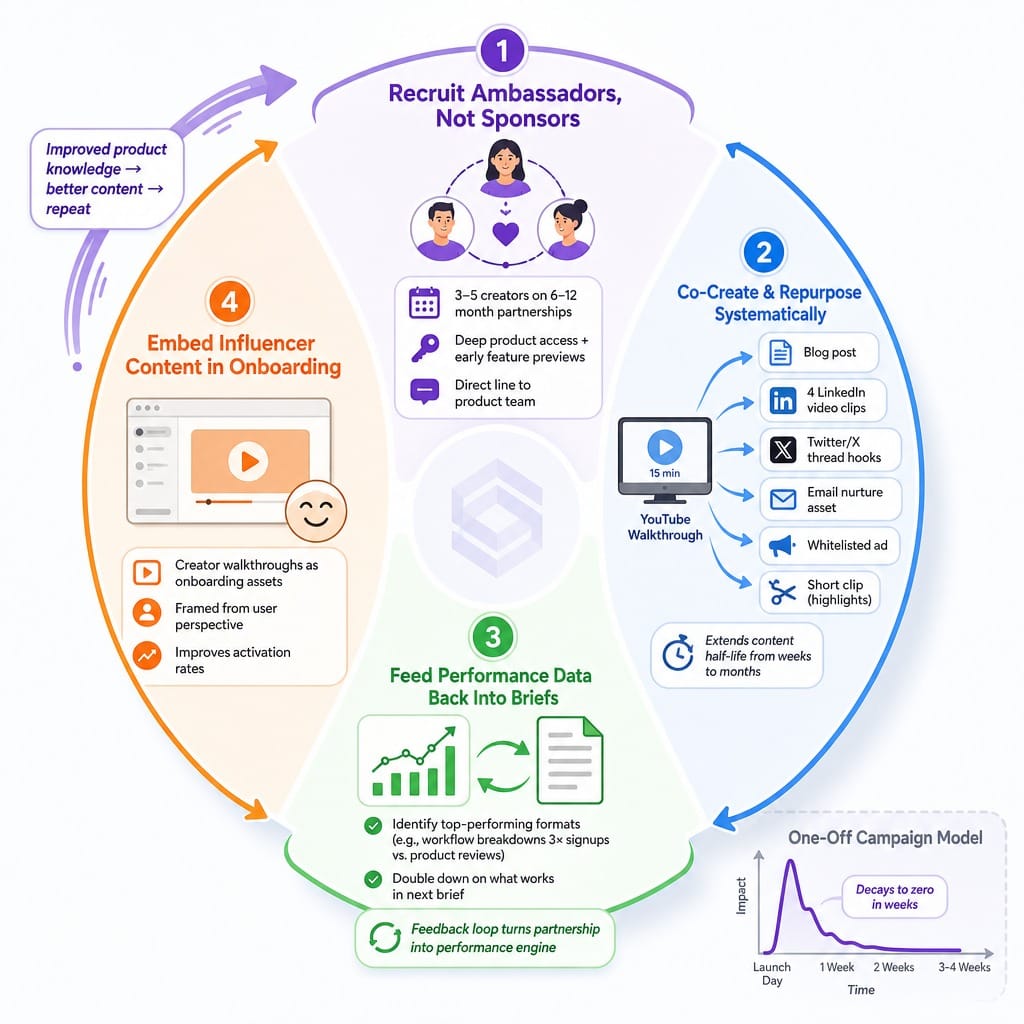 Creator flywheel diagram showing four steps of a compounding SaaS influencer program