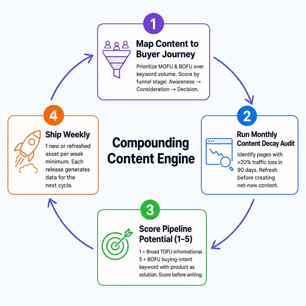 Four-step process diagram for building a compounding SaaS content marketing system