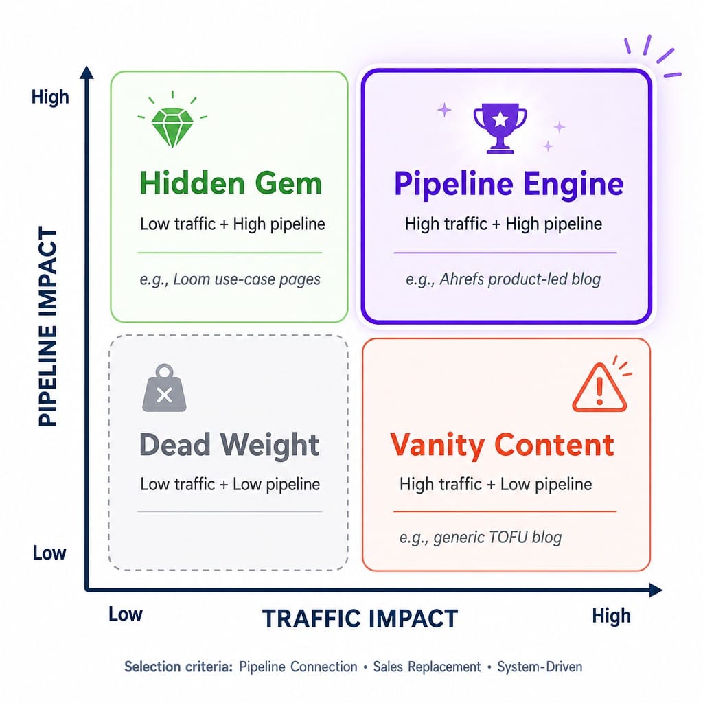 Framework matrix evaluating SaaS content marketing examples by traffic impact versus pipeline impact