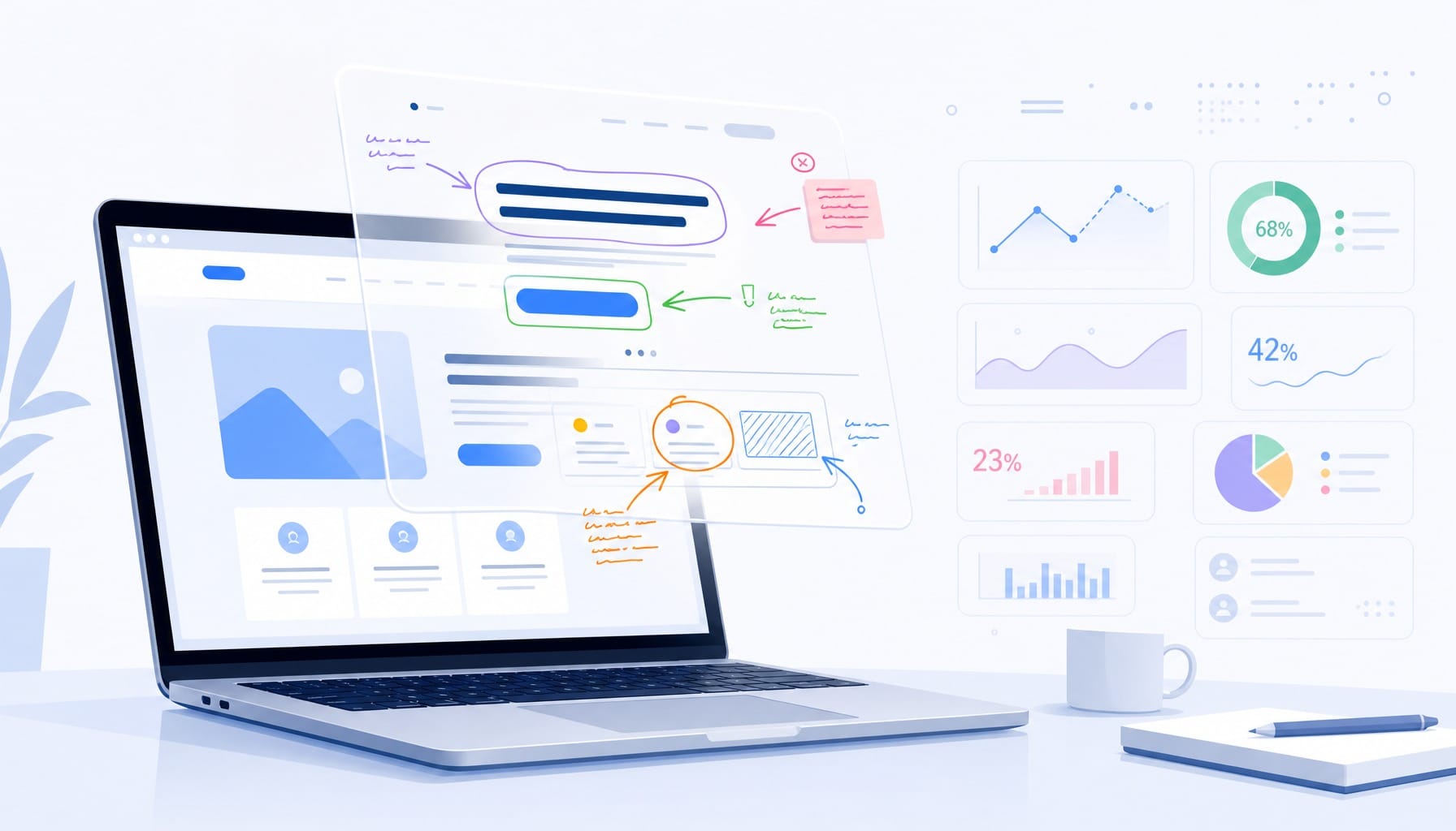 Laptop showing a polished SaaS landing page with analytical annotations revealing best practices beneath the surface