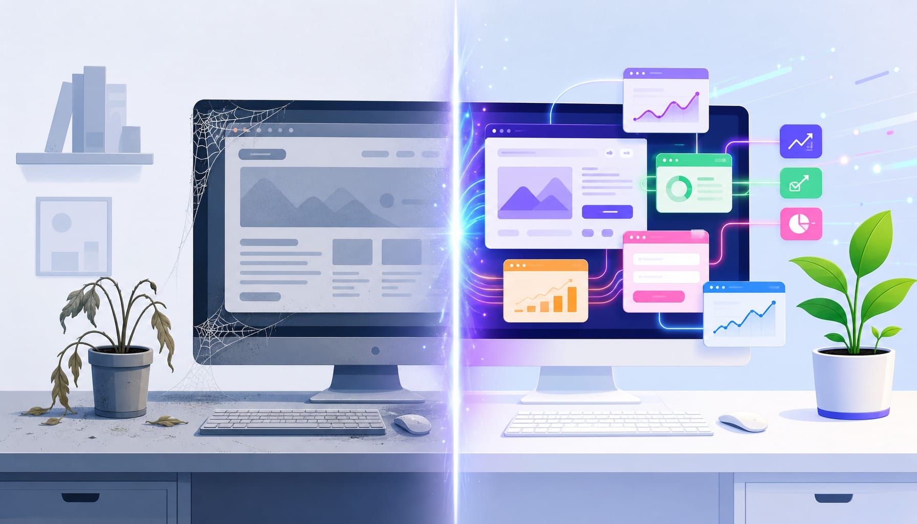 Split view of a static decaying SaaS website versus a continuously optimized conversion system
