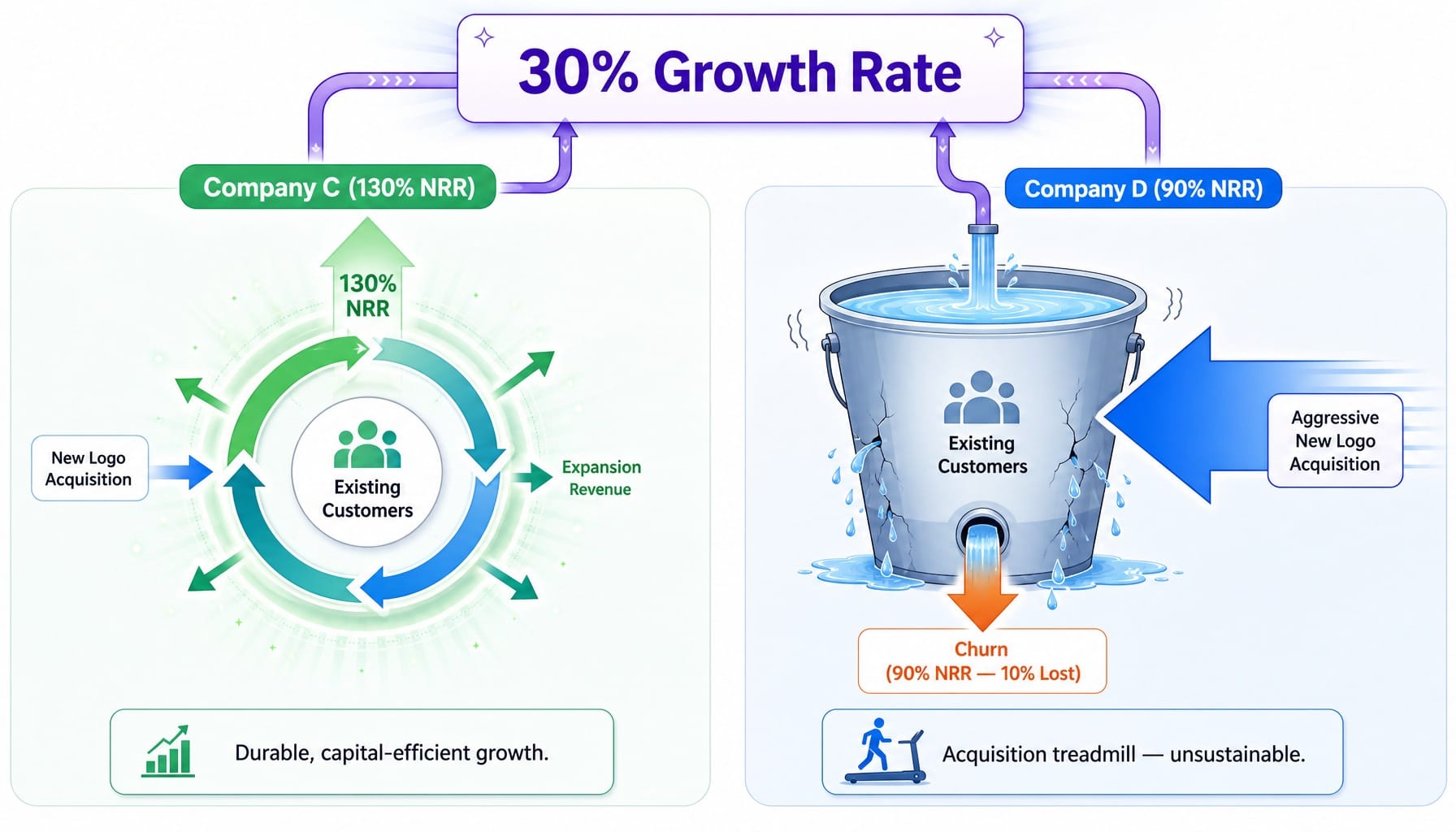 System diagram comparing durable vs unsustainable growth engines behind identical growth rates