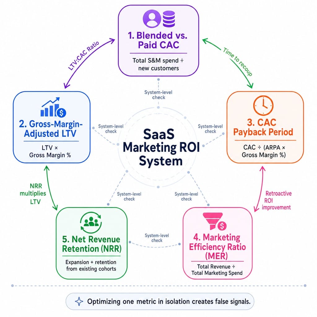 System diagram of five interconnected SaaS marketing ROI metrics and their relationships