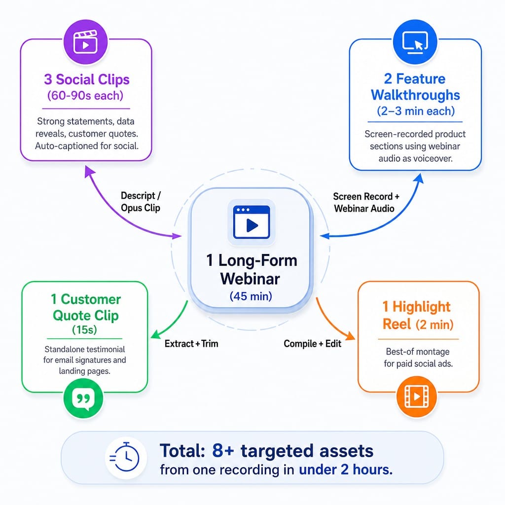 System diagram showing one 45-minute webinar repurposed into eight SaaS video marketing assets