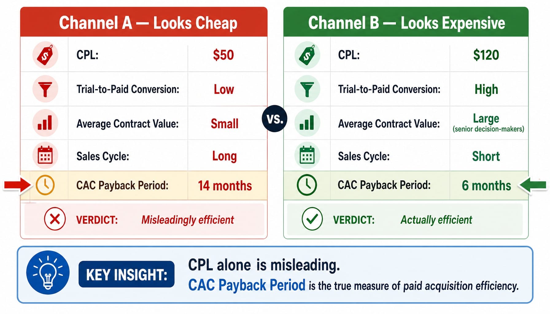 Worked example comparing CPL vs CAC payback period for two SaaS paid channels