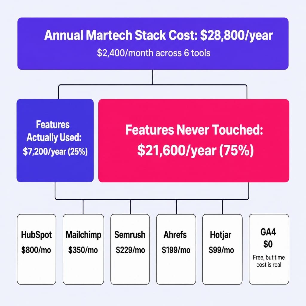 The marketing tools learning curve tax: 75% of your spend buys features you never use.