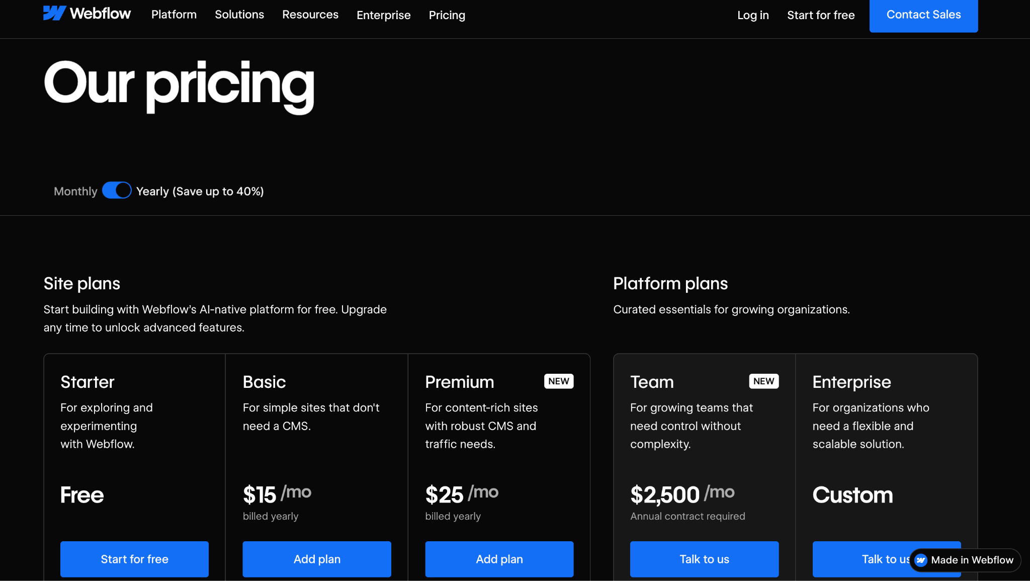 SaaS Pricing Page Example 7: Webflow