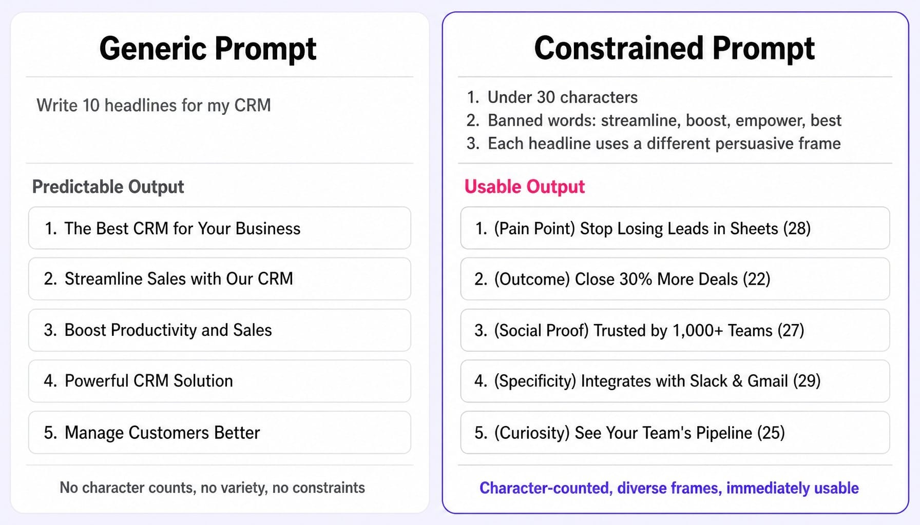 Constraints turn generic AI prompts for Google Ads into usable, diverse ad copy.