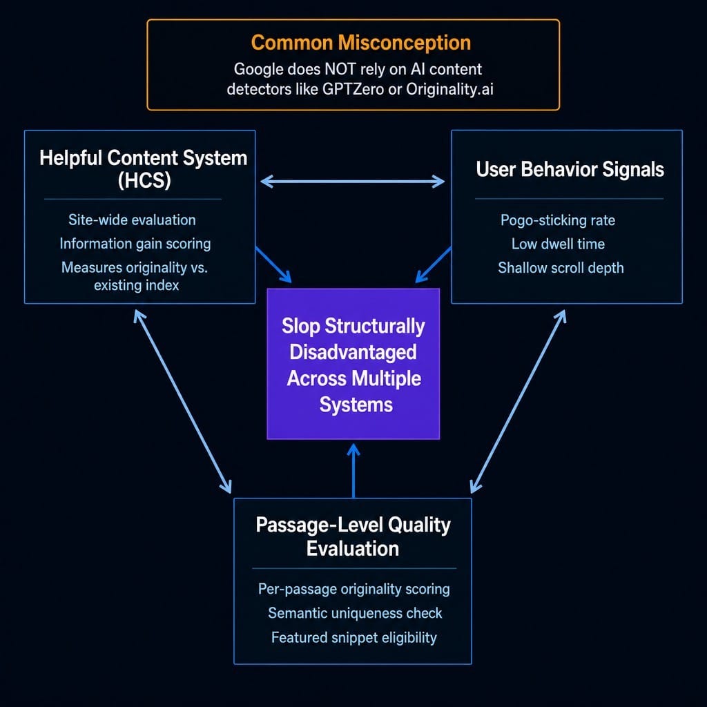 Google detects slop through three intersecting systems — not AI content detectors.