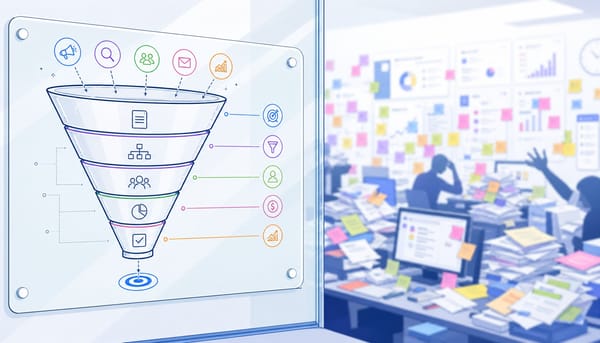 B2B marketing funnel diagram on a glass wall with a stalled, cluttered workspace behind it