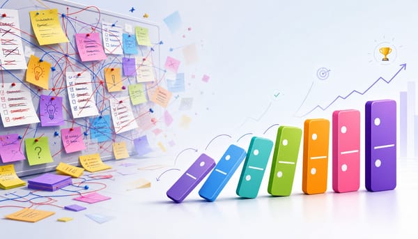 Chaotic sticky notes transitioning to a clear sequential path representing a marketing prioritization framework
