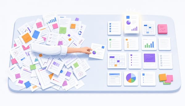 Conference table showing chaotic content plans on one side and organized SEO content prioritization scoring on the other