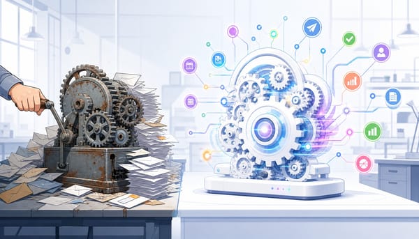 Contrast between a manual hand-cranked machine and a self-running system representing SaaS link building approaches