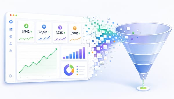 Dashboard showing green metrics dissolving into an empty pipeline funnel, illustrating b2b google ads strategy misalignment