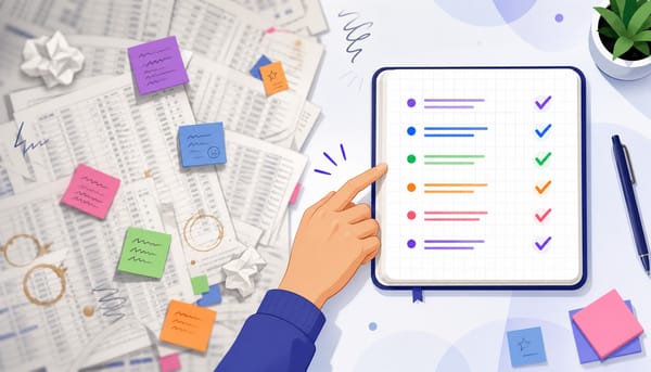 Desk split between a chaotic keyword spreadsheet and a clean scoring framework to prioritize keywords for SEO