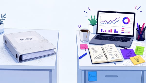 Dusty unused strategy binder vs. active workspace showing a SaaS marketing playbook in use