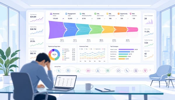 Marketer at desk with MQL spreadsheet while a pipeline marketing dashboard glows on a large screen behind them