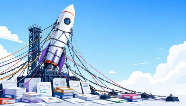 Rocket on launch pad held back by tethers and planning documents, symbolizing stalled b2b saas demand generation