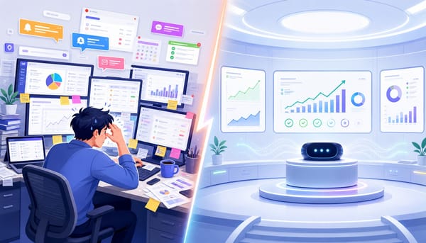 Split scene contrasting manual marketing operations with what is autonomous marketing in practice