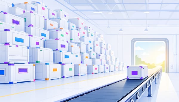 Warehouse with stacked crates piling up while one crate ships out, representing b2b saas content marketing execution gap