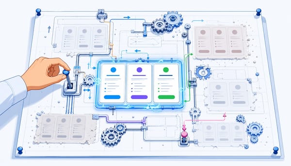 Blueprint of a SaaS pricing page layout on a drafting table with mechanical levers suggesting continuous optimization