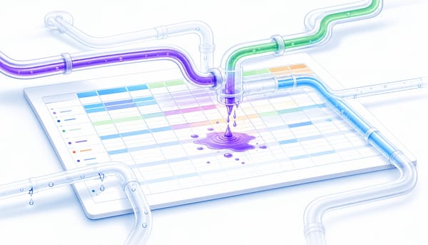 Conceptual image of a b2b saas marketing budget spreadsheet with leaking pipeline tubes representing execution gaps