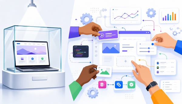 Contrast between a static website on a pedestal and an active workshop iterating on b2b saas website design