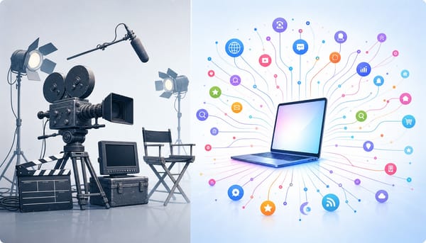 Contrast between elaborate video production setup and simple laptop powering a vast distribution network