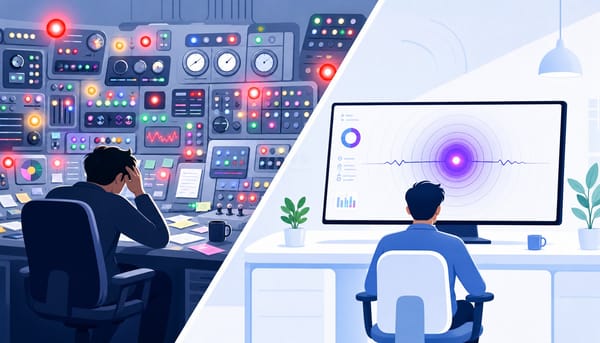 Control room contrasting chaotic automation noise with a focused revenue-event signal for SaaS marketing automation