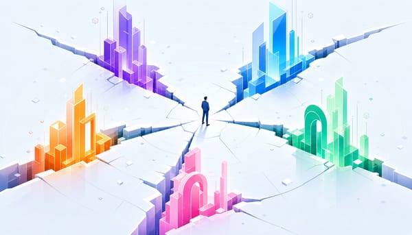 Five tectonic plates splitting apart with new structures rising, representing b2b saas marketing news shifts