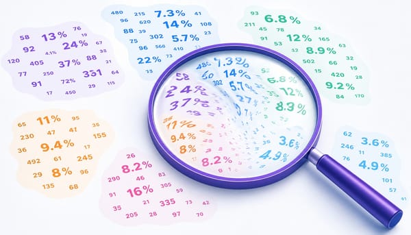 Magnifying glass distorting SaaS churn rate benchmark numbers, revealing misleading comparisons