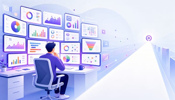 Marketer surrounded by SEO dashboard screens looking toward a single clear pipeline path