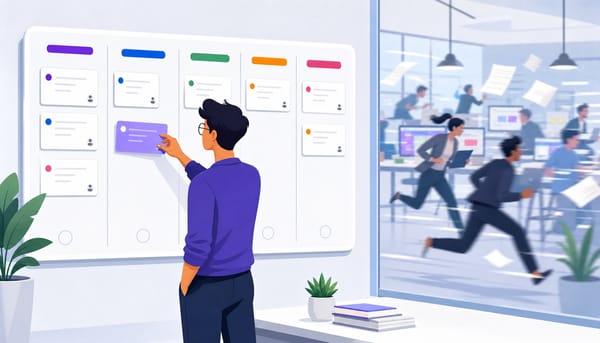 Marketing professional calmly pulling a card on a kanban marketing board while chaos unfolds behind them