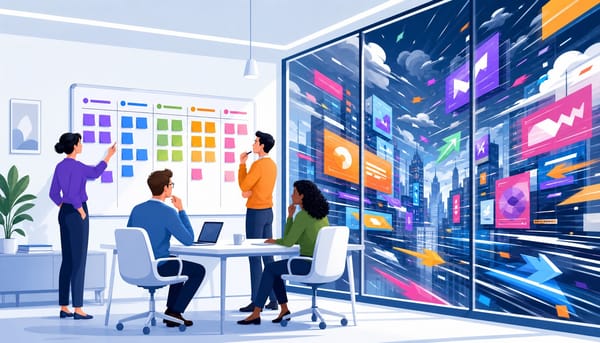 Marketing team focused on a Kanban board while rapid market changes swirl outside, illustrating marketing agility gap