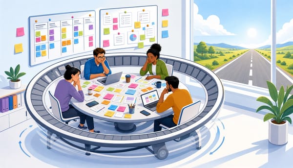 Marketing team trapped in circular meeting loop while an open road to velocity stretches beyond them