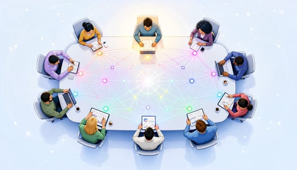 Overhead view of a buying committee connected by a network, representing LinkedIn ads for SaaS strategy